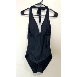 DKNY Black One Piece Deep V Halter Swimsuit Size Figure Flattering Size Med